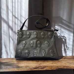 Iopelle Black Leather Embossed 3D Skulls Crossbody Purse Bag Italy